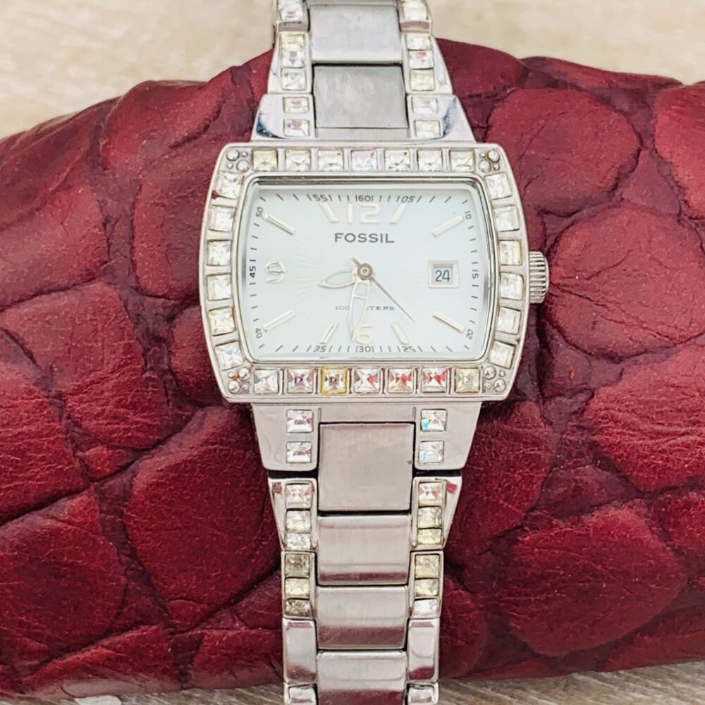 Fossil AM-4131 Stainless/Gemmed/Barrel Case/MOP Women's Dress Watch New Battery!